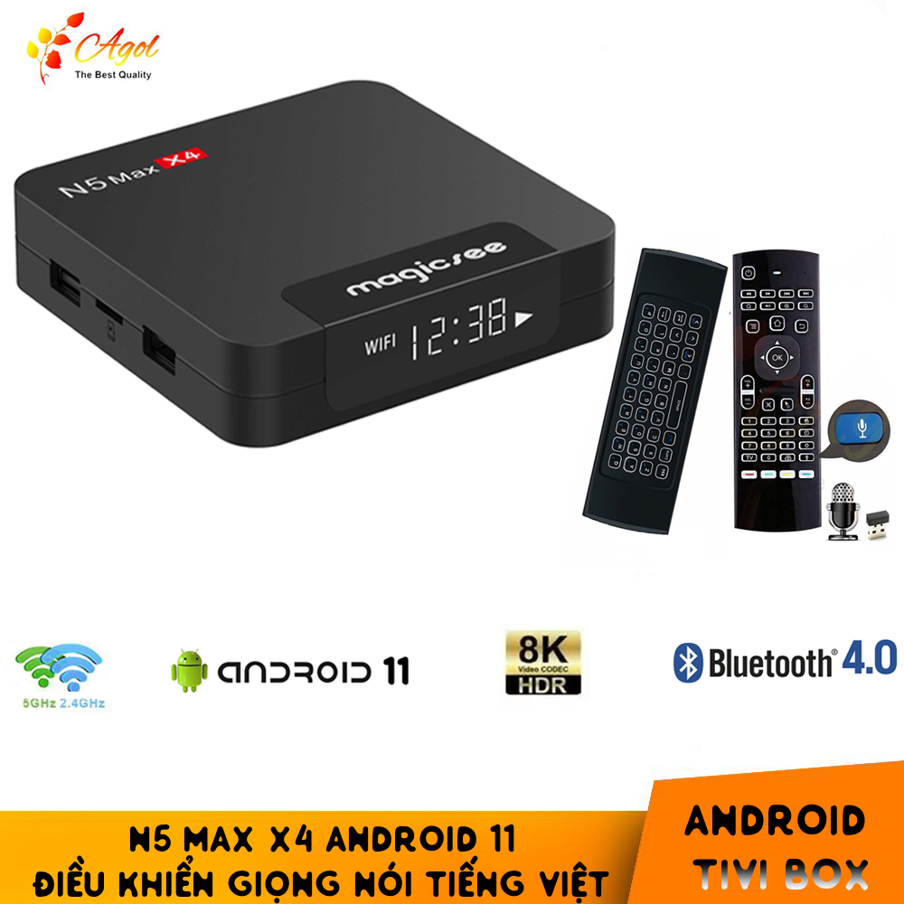 Android tivi box MAGICSEE N5 MAX X4 Ram 4G Android 11 điều khiển giọng nói kiêm bàn phím chuột bay có đèn nền dual wifi 2 băng tần bluetooth S905X4 cài sẵn phim, truyền hình cáp miễn phí vĩnh viễn cáp miễn phí vĩnh viễn - Hàng nhập khẩu