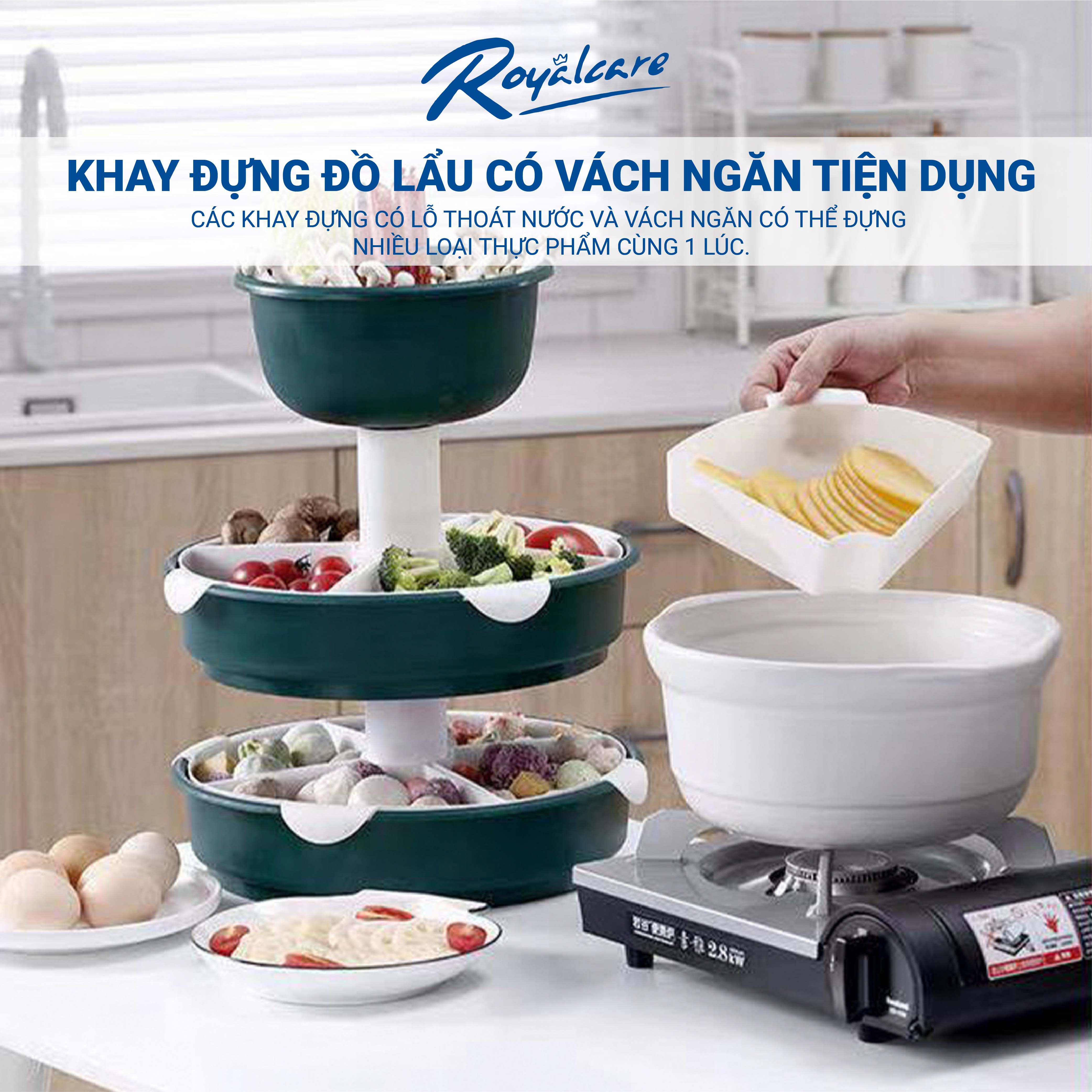 Khay đựng thức ăn , hoa quả , rau ăn lẩu đa năng Royal Care KL-2 xoay 360 độ nhiều ngăn phân loại thực phẩm