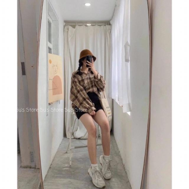 Áo Sơ Mi Nữ Hàn Quốc Sơ mi kẻ nâu đen tay bồng KOREA SIÊU XINH
