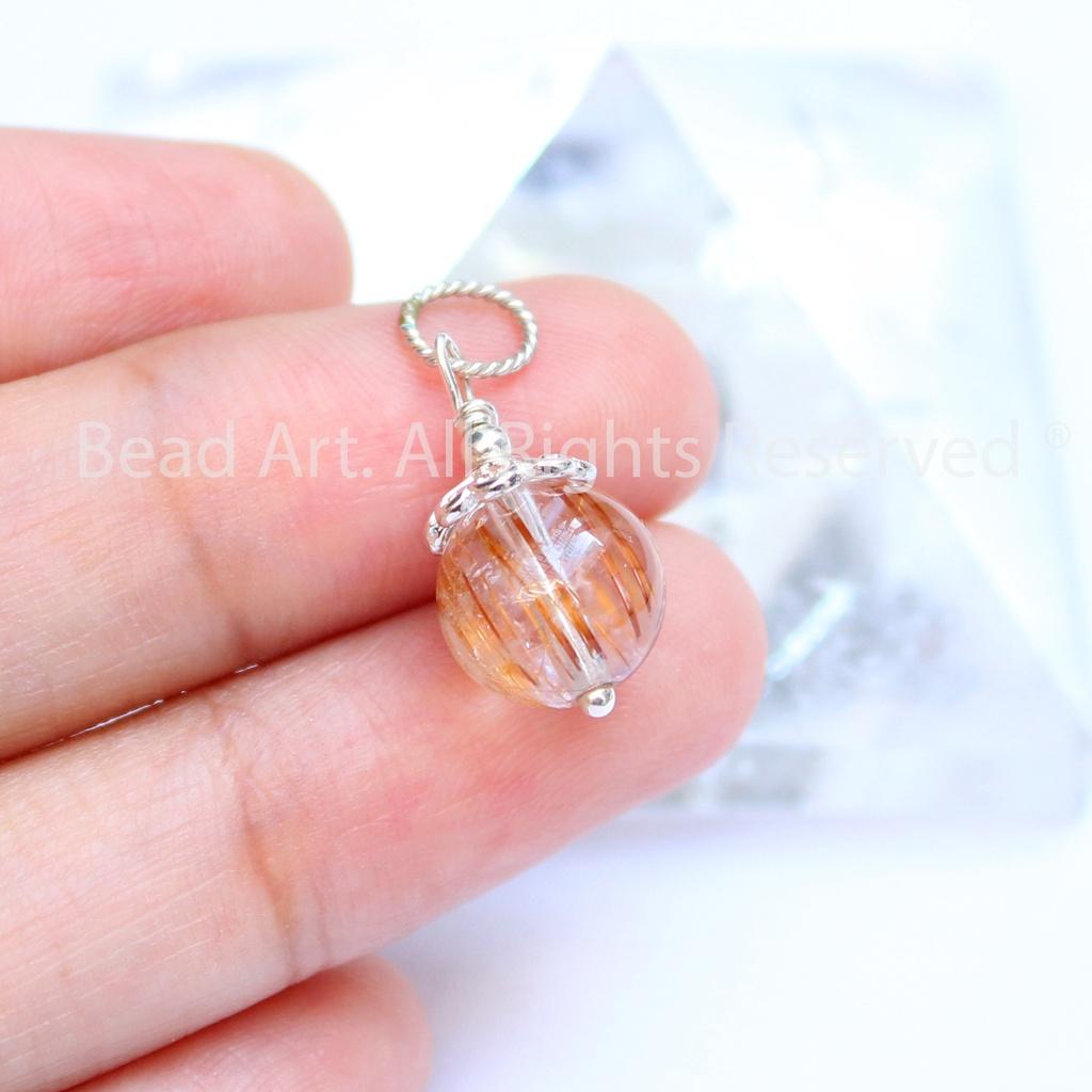 Mặt Dây Chuyền Thạch Anh Tóc Nâu 9mm Loại AA Và Bạc 925, Trang Sức Đá Phong Thuỷ, Thổ, Kim - Bead Art