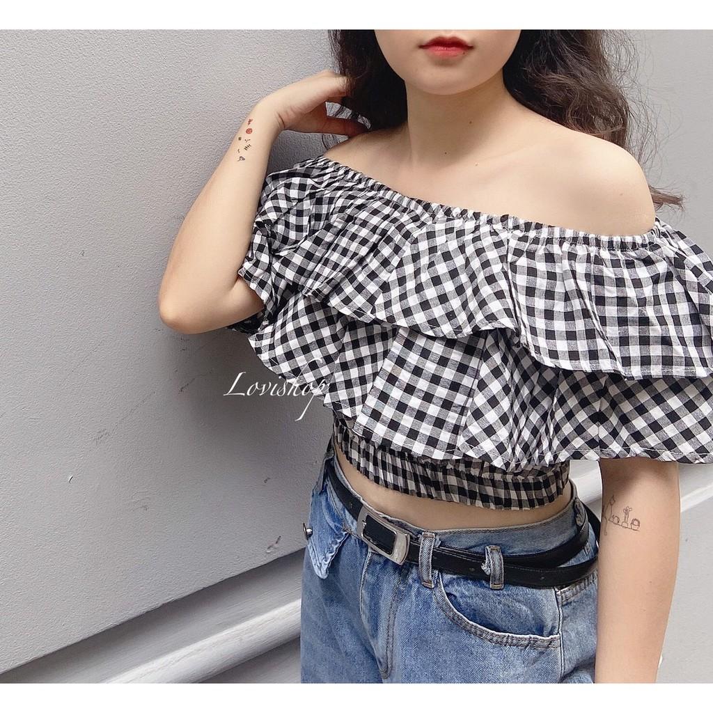 Áo croptop 2 tầng Áo trễ vai bèo tầng bẹt vai Trắng và Caro