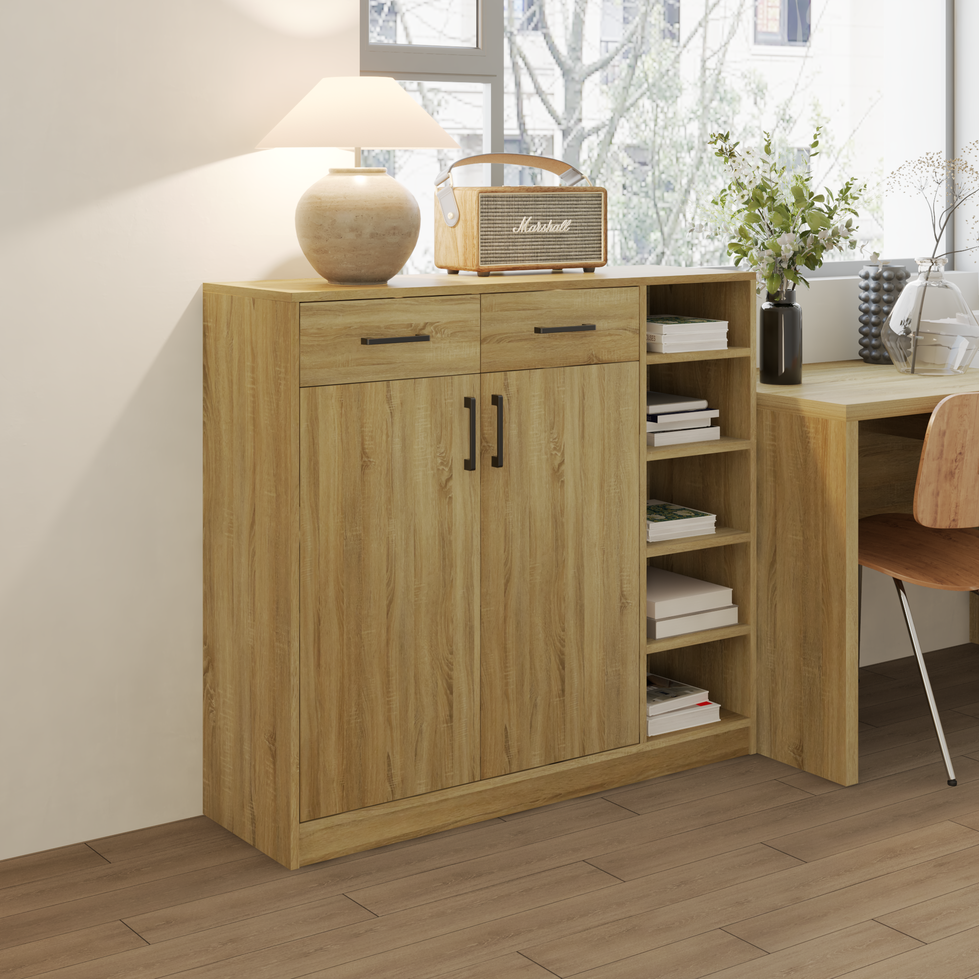 HAPPY FURNITURE , HEINEE - Tủ lưu trữ 2 cửa mở 2 ngăn kéo, TCM_215 , 110cm x 34cm x 100cm DxRxC, sản phẩm phổ thông