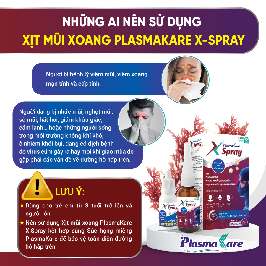 Dung dịch xịt mũi xoang nano bạc PlasmaKare X - Spray chuyên cho viêm xoang cấp và mạn tính, viêm mũi dị ứng, giảm hoặc mất khứu giác