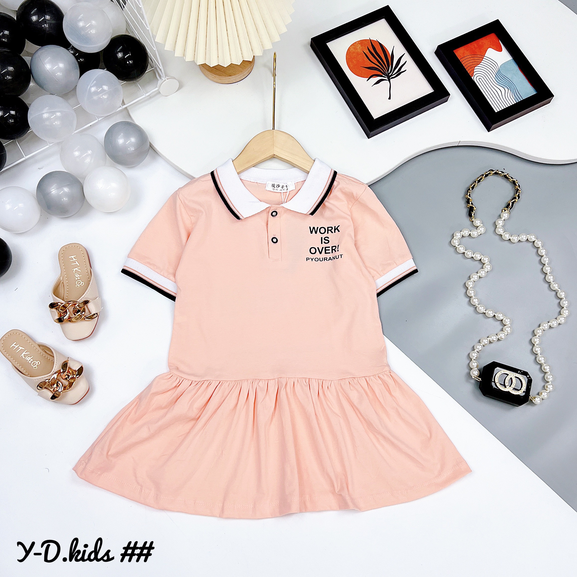 Đầm Thun Cotton Ngắn Tay Cổ Bẻ Phong Cách Preppy Thời Trang Mùa Hè Cho Bé Gái