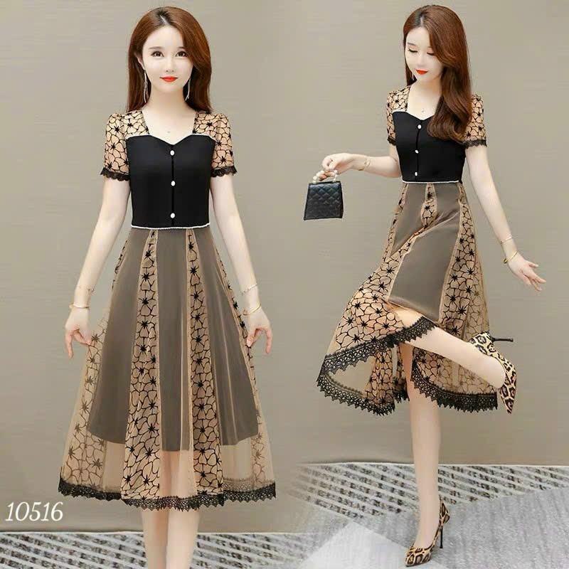 Đầm váy nữ trung niên phối lưới hoa dự tiệc dạo phố đỏ đen sang trọng nhẹ nhàng