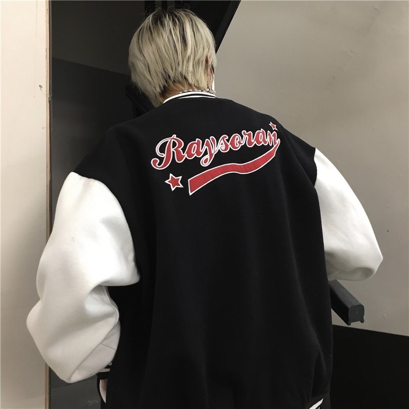 AK012 Áo bomber R 2 màu xanh đen tay trắng unisex dáng rộng, áo khoác nam nữ mùa đông form to tay bo cúc bấm cá tính