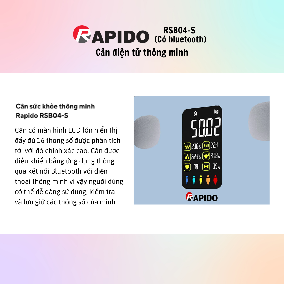 Cân Sức Khỏe Thông Minh Rapido RSB04-S - Hàng Chính Hãng - Bảo Hành 12 Tháng
