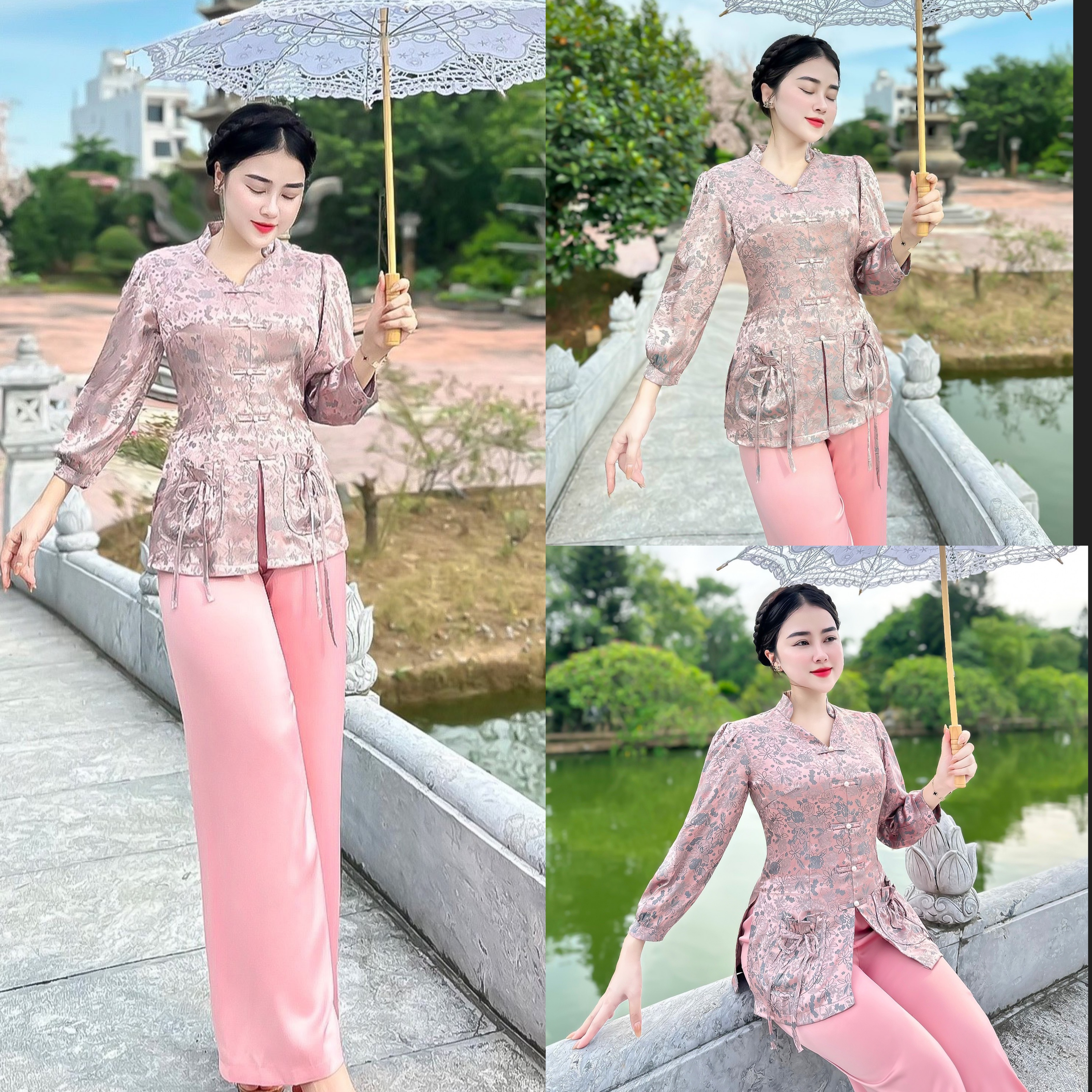 SÉT GẤM TÚI TIỀN CỔ V TAY BO VẢI LỤA GẤM LOẠI 1