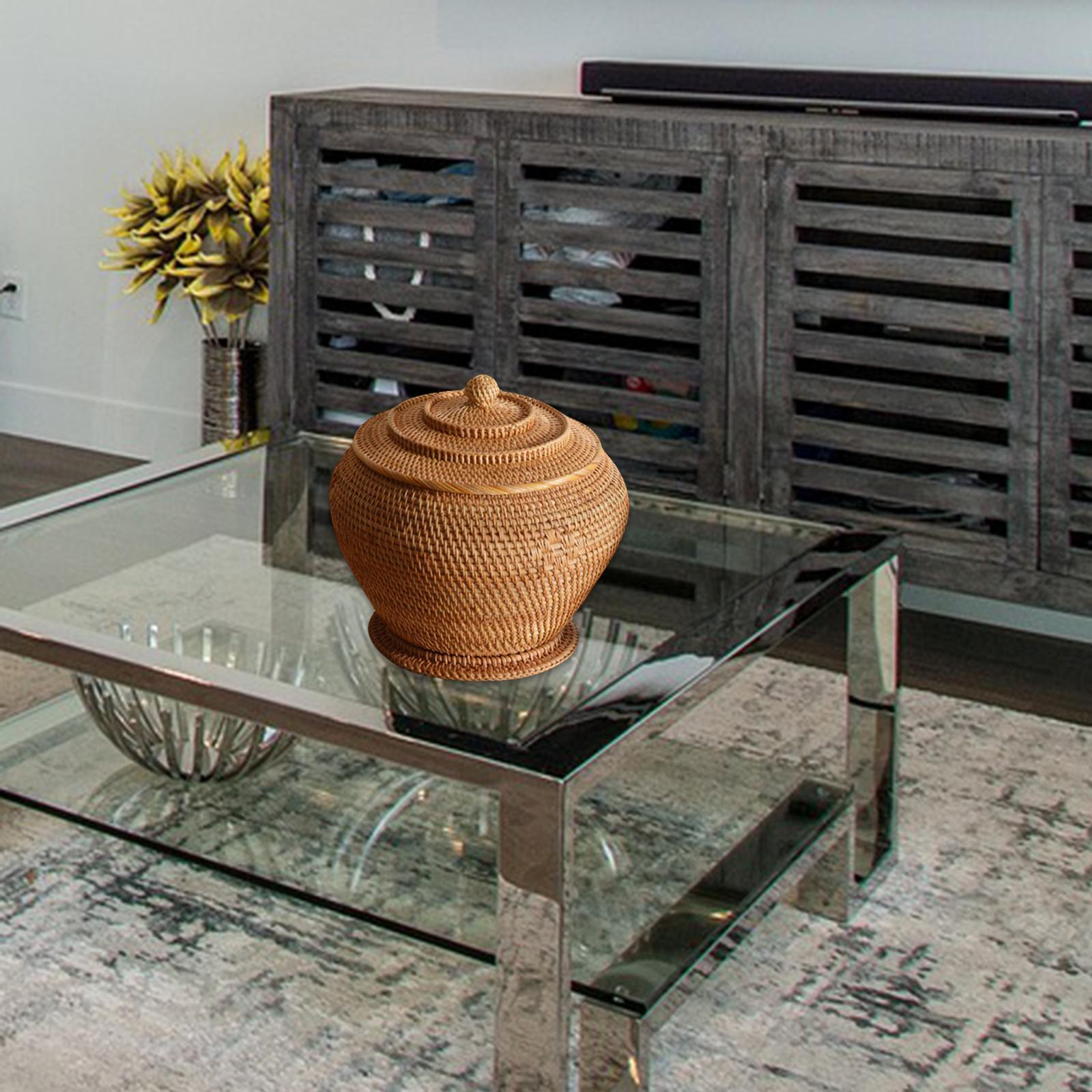 Rattan Woven Basket with Lid Durable Organizer Round for Vegetable Kitchen