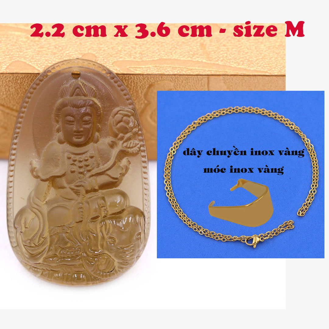 Mặt Phật Phổ hiền bồ tát đá obsidian  3.6 cm kèm dây chuyền inox vàng - mặt dây chuyền size M, Mặt Phật bản mệnh