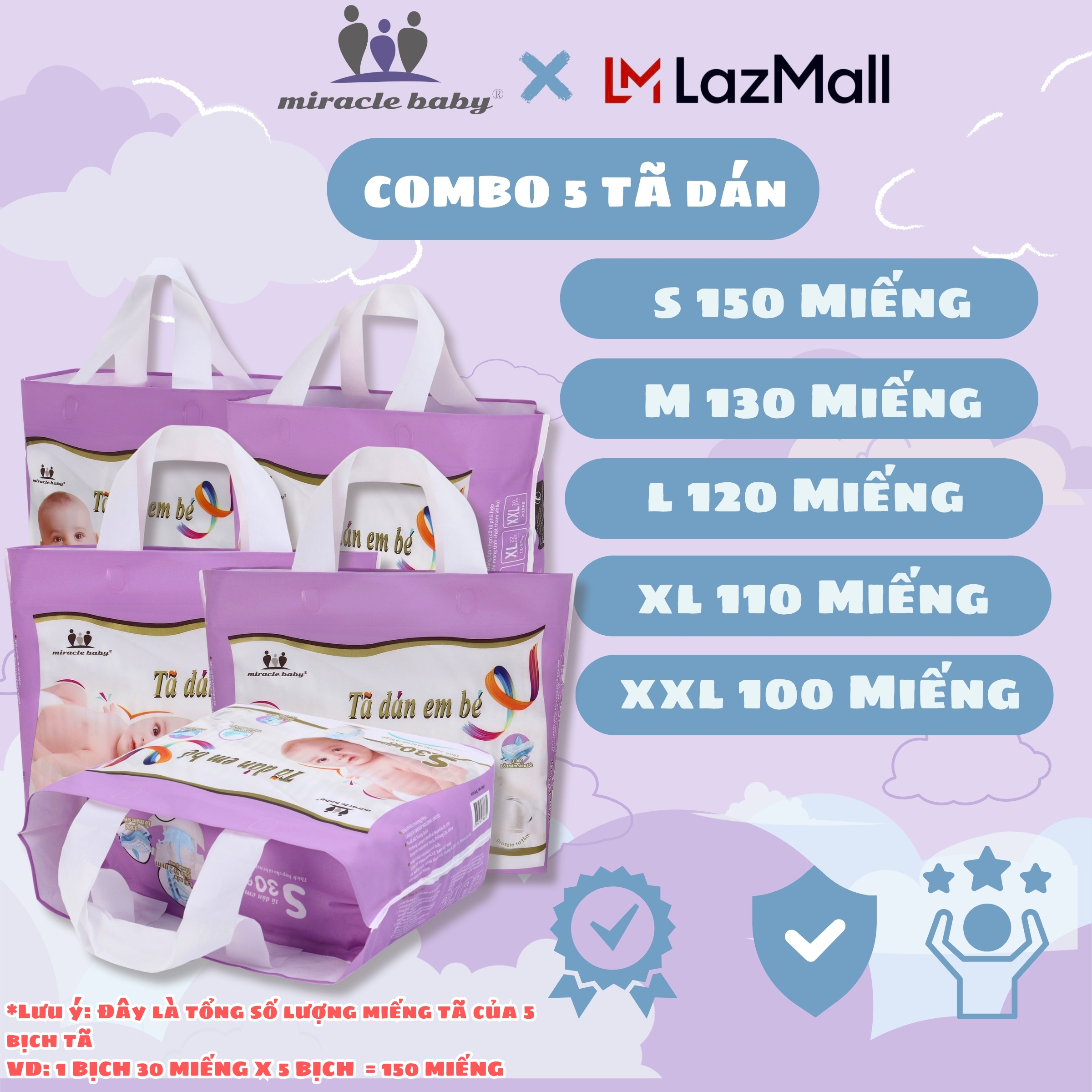 COMBO 5 Tã dán , Bỉm dán Miracle Baby cho bé sơ sinh chất liệu Protein tơ tầm có 5 size S,M,L,XL,XXL