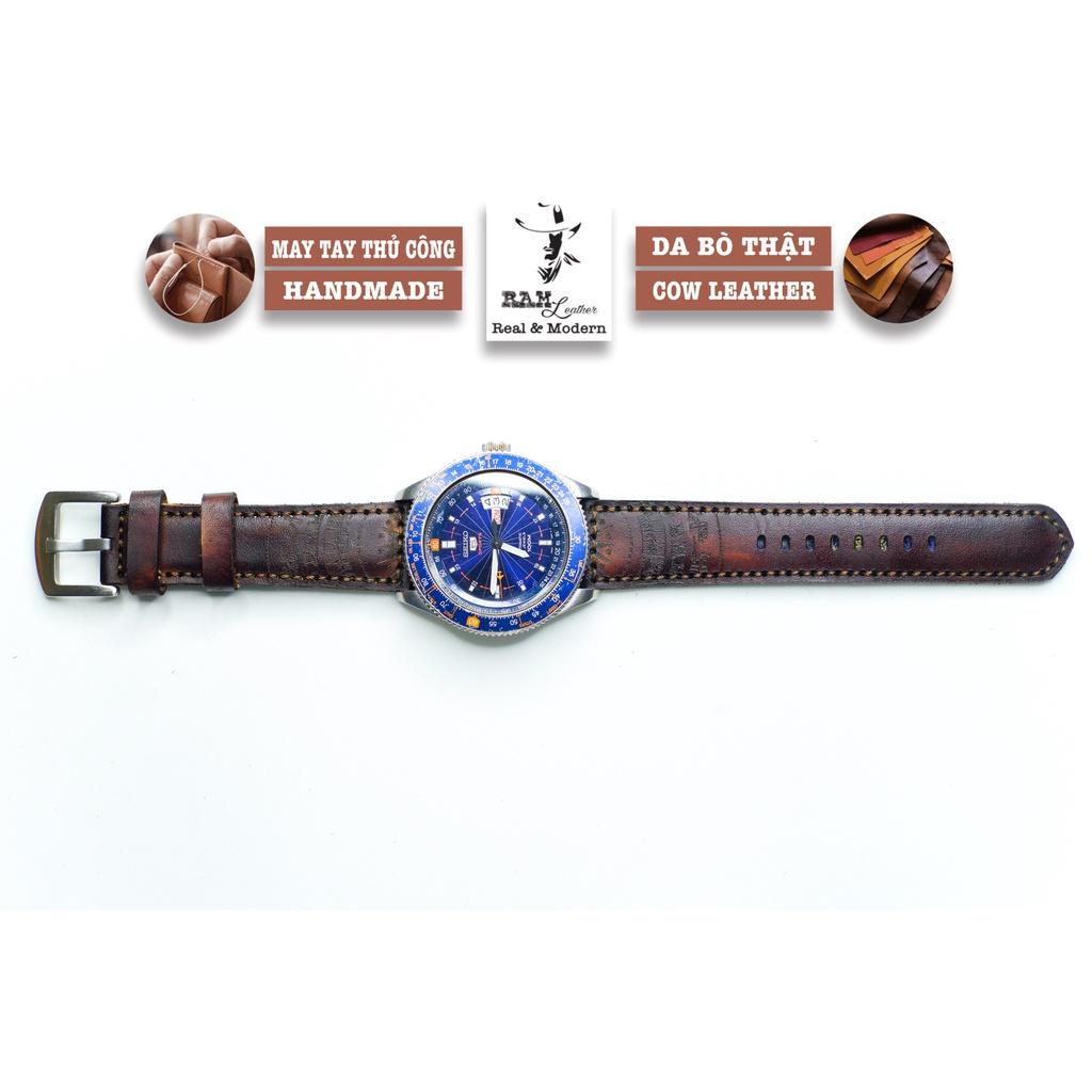 Dây đồng hồ trống đồng da bò thảo mộc vegtan cao cấp màu gỗ mahogany bền chắc - chính hãng RAM Leather