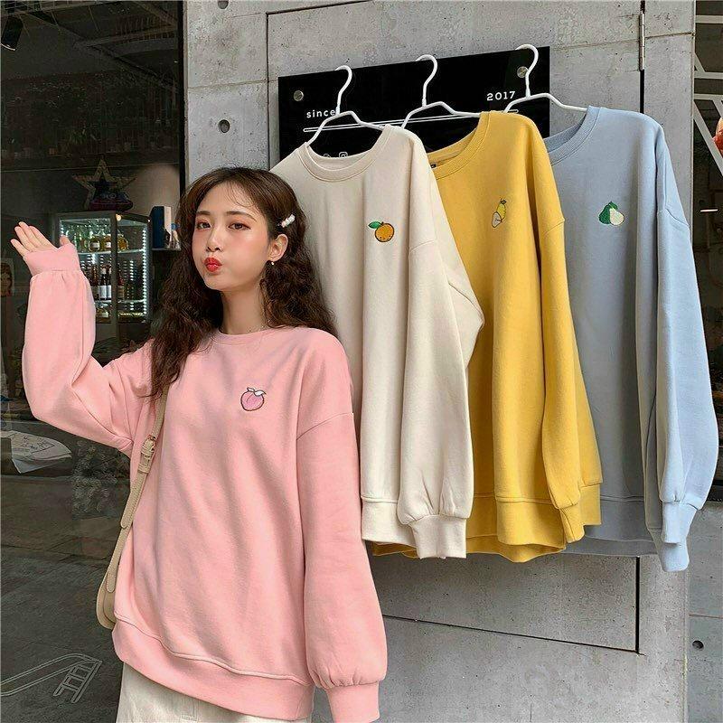 Áo sweater tay dài nữ thêu trái cây dể thương năng động chất thun pe mềm mịn form chuẩn,ÁO SWEATER THÊU TRÁI CÂY DỄ THƯƠNG ,CHẤT THUN PE MỀM ,MỊN,ẤM FORM DƯỚI 68KG