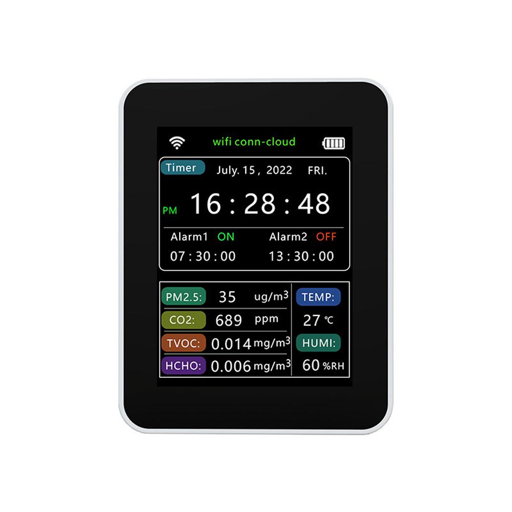 Tuya WiFi Intelligent Air Quality Detector PM2.5 CO2 TVOC HCHO Temperature Humidity 6 In 1 Detector Time Date Week Display Mobilephone APP Remotes Viewing 2 Sets Alarm Clock Home Indoor Desktop Air Quality Monitor