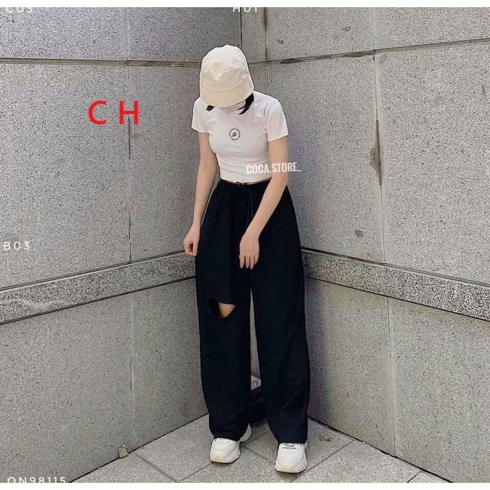 Sét áo thun croptop và quần cotton ống rộng cá tính