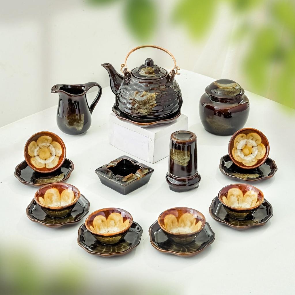 Bộ ấm chén Men hỏa biến giỏ cá - Gốm sứ Bát Tràng - Làng Gốm