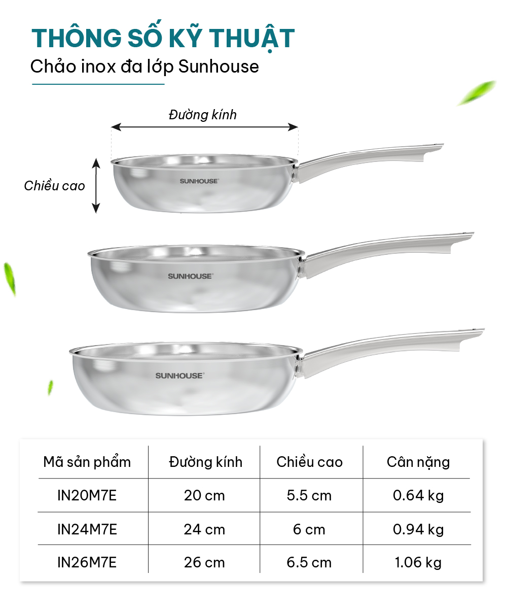 Chảo Inox liền khối Sunhouse Healthy IN20M7E - IN24M7E - IN26M7E - Dùng cho mọi loại bếp