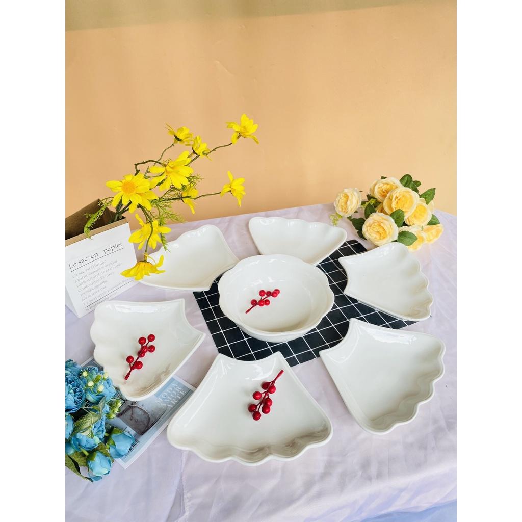 Bộ đĩa hoa mặt trời gốm sứ Bát Tràng size to hàng đẹp, bộ đĩa gốm sứ men trắng tinh