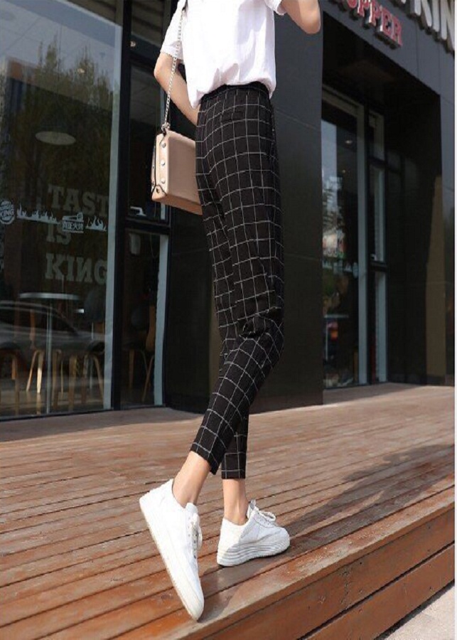 Quần caro sọc Unisex ống đứng