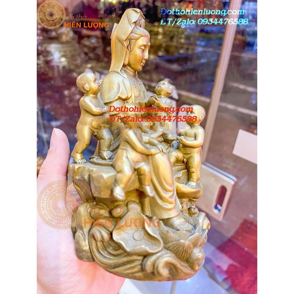 Tượng Phật Bà Quan Âm Cùng 05 Đứa Trẻ Ngũ Phúc Bằng Đồng Vàng Nguyên Chất Cao 18cm, Nặng 1,3kg