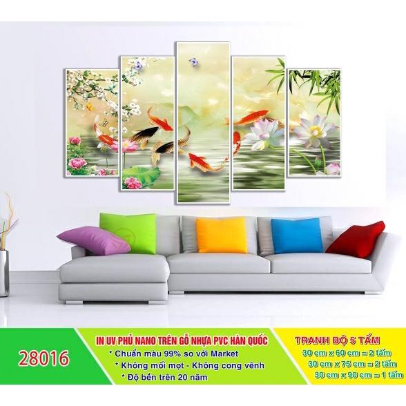 Tranh Treo Tường Phong Thủy - Tranh Cá Chép Hoa Sen Bộ 5 Tấm Ghép Hiện Đại