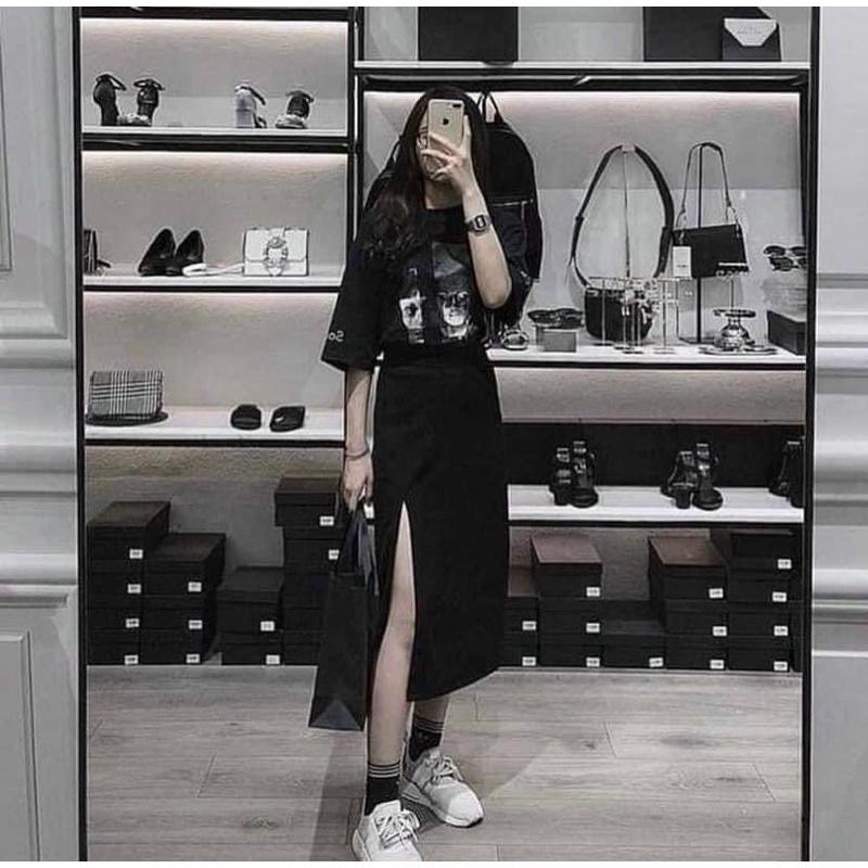 Chân váy đen midi xẻ tà
