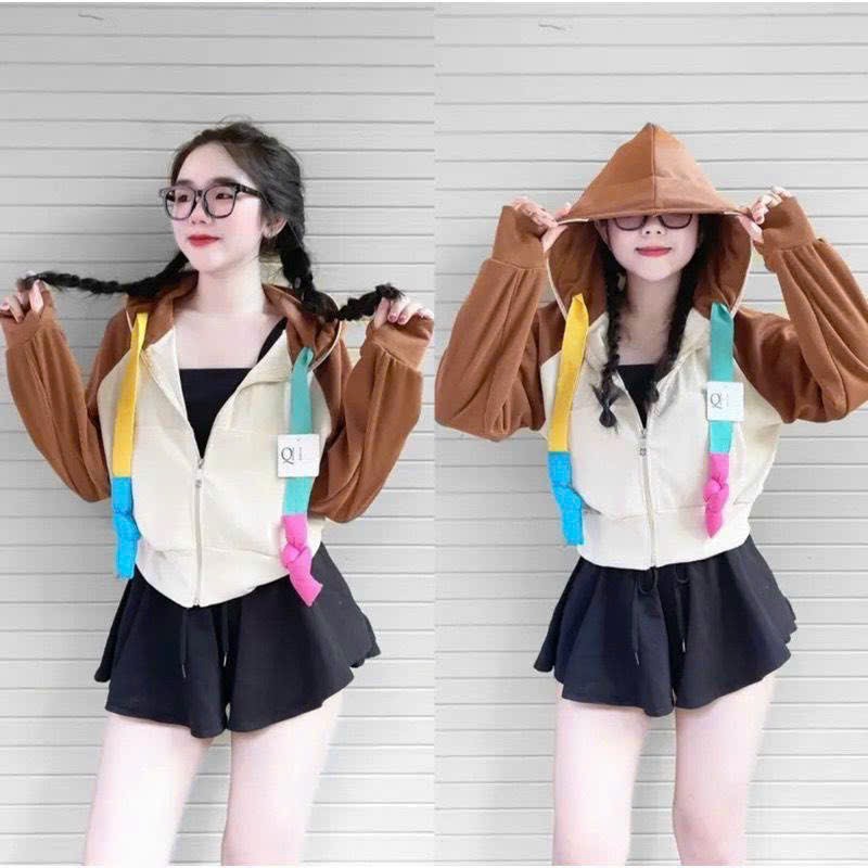 Áo khoác nữ chất LEN GÂN QC tay phối raplan thiết kế nón rộng tay xỏ ngón dây kéo cao