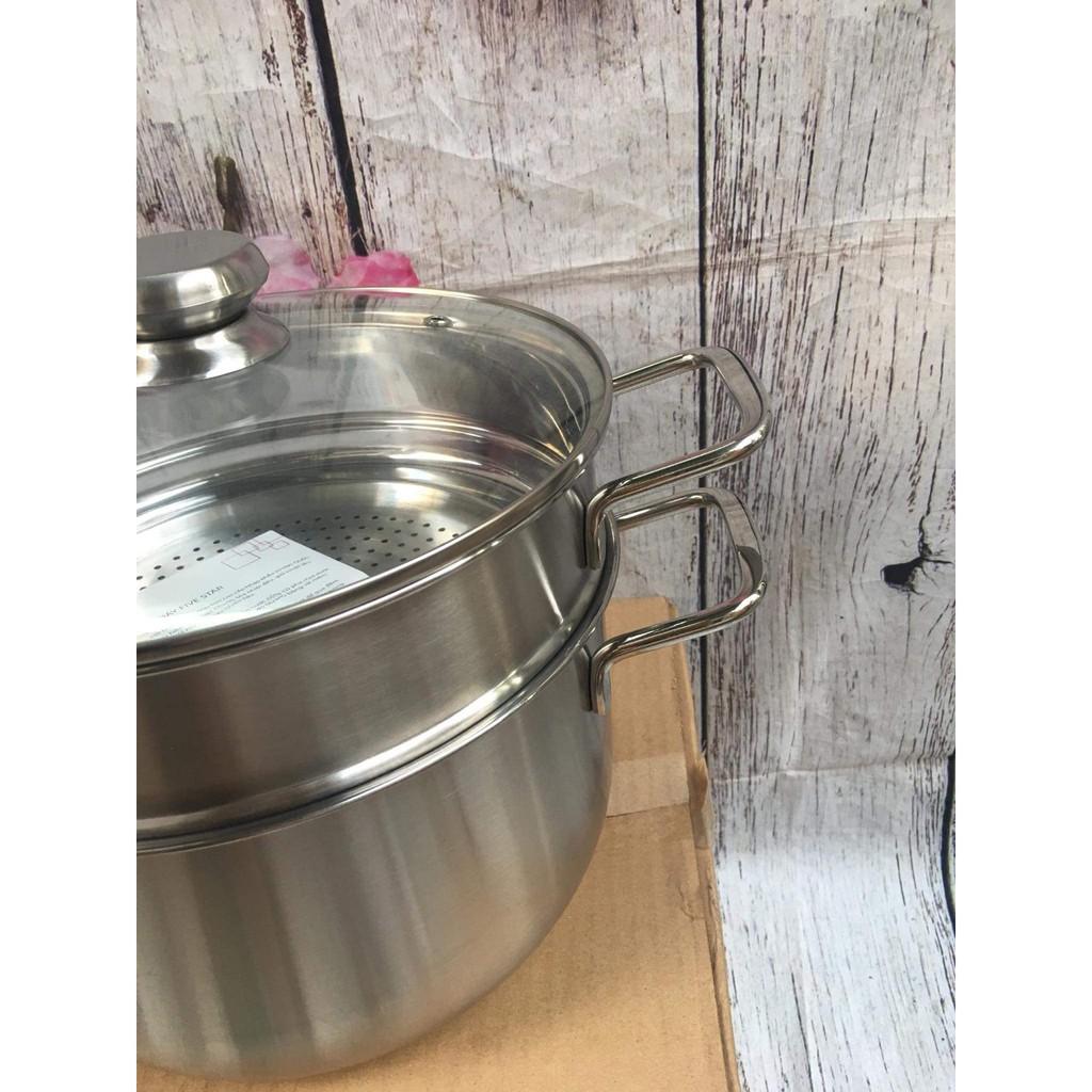 Nồi hấp inox 2 tầng FIRE STAR 3 đáy nắp kính dùng bếp từ - Bộ nồi xửng hấp