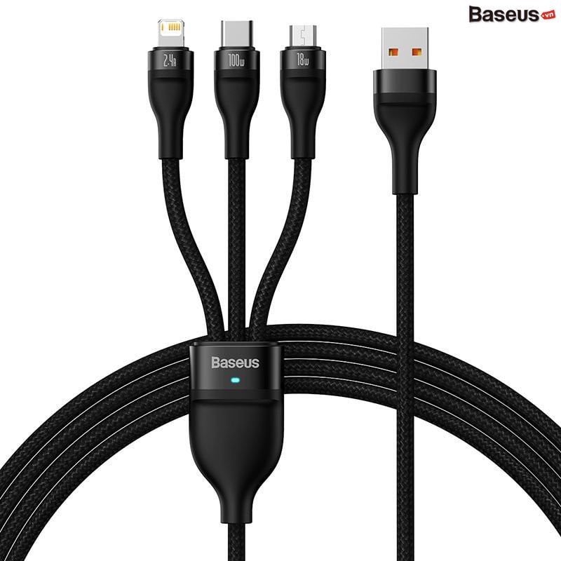 Cáp sạc nhanh 3in1 Baseus Flash Series Ⅱ One-for-three Fast Charging Data Cable USB to M+L+C 100W CASS030001- Hàng chính hãng