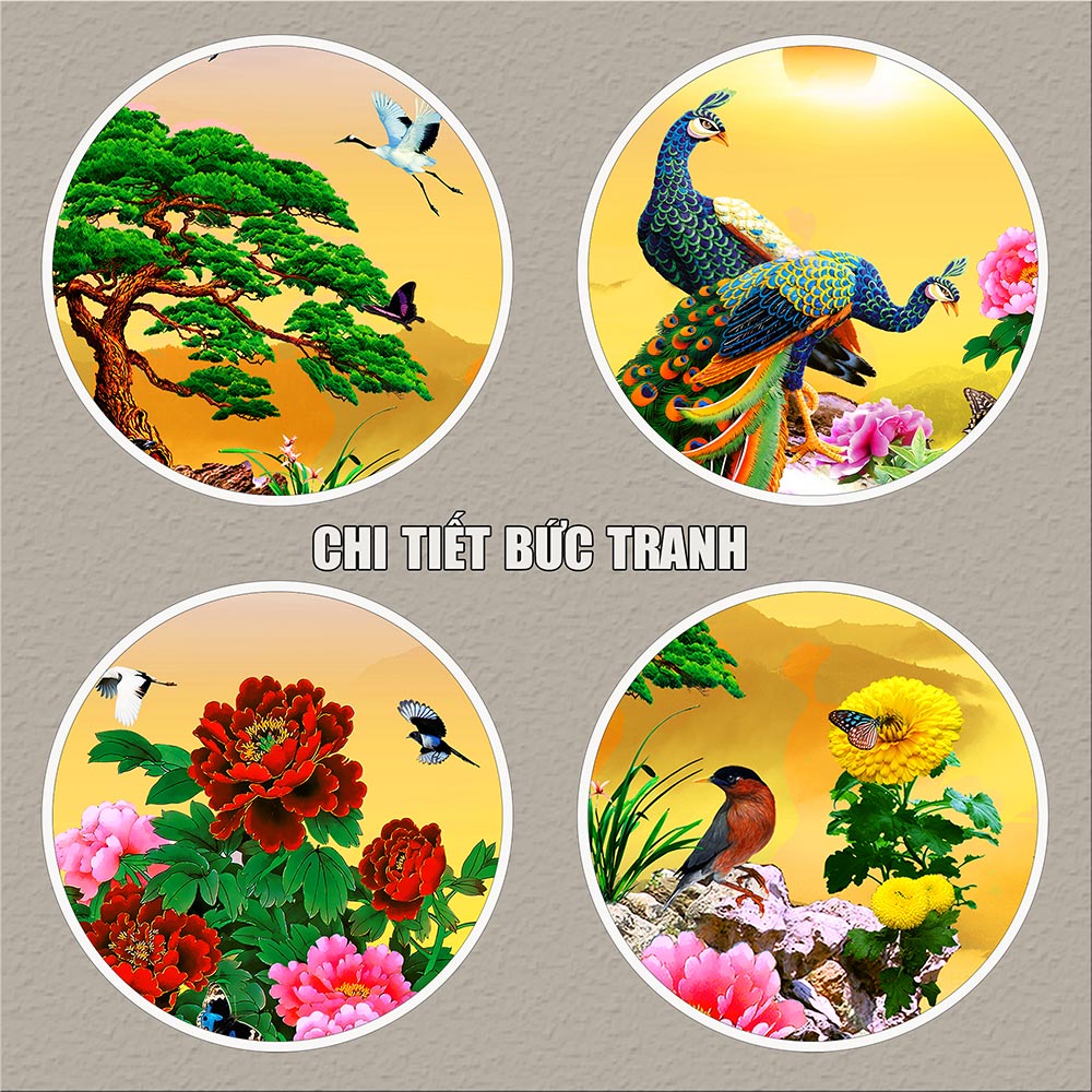 Tranh treo tường phòng khách, phòng ngủ Chim công PHÚ QUÝ BÌNH AN chất liệu pvc gương / lụa kim sa. MS:3389L9