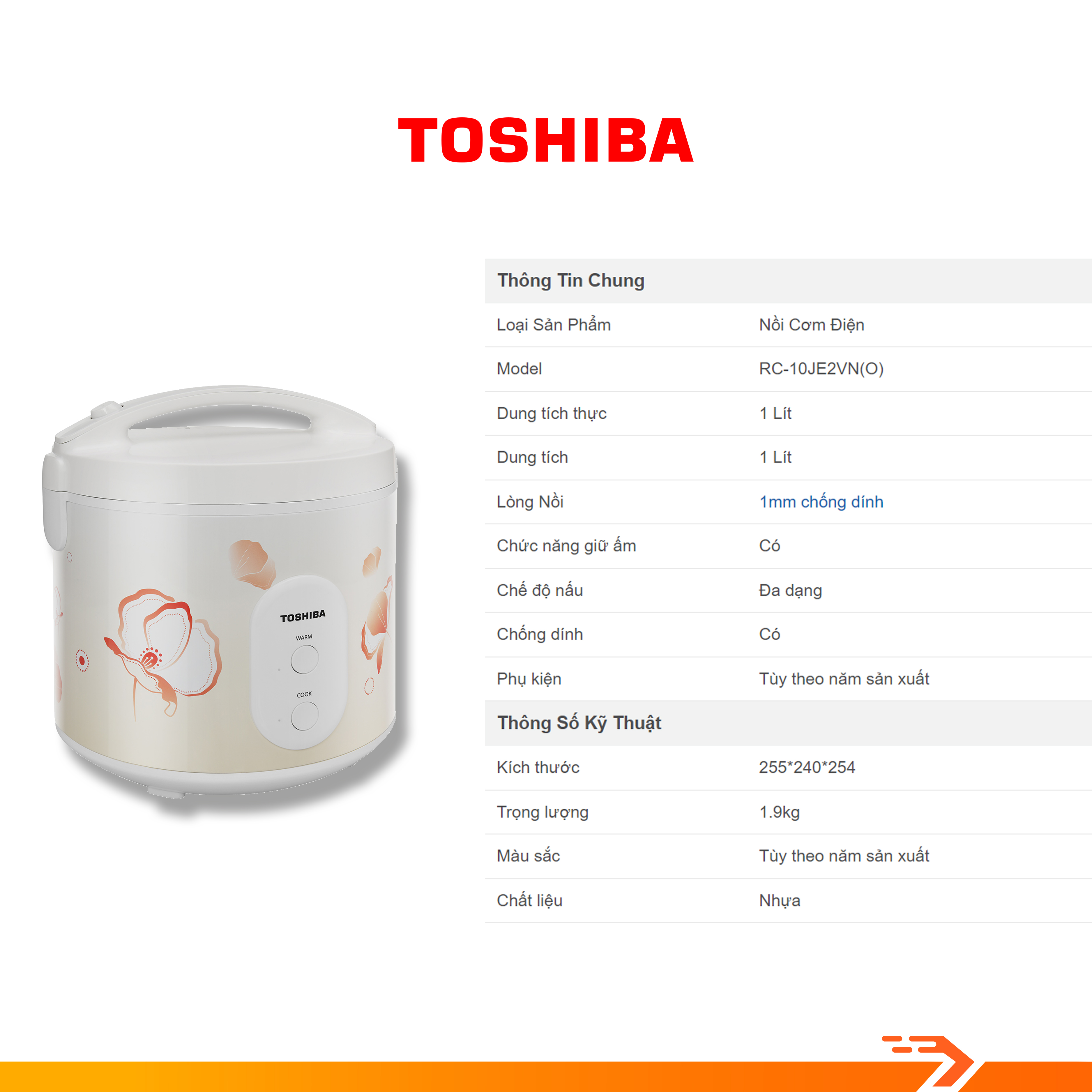 Nồi Cơm Điện Toshiba 1 Lít RC-10JE2VN(O) - Hàng chính hãng