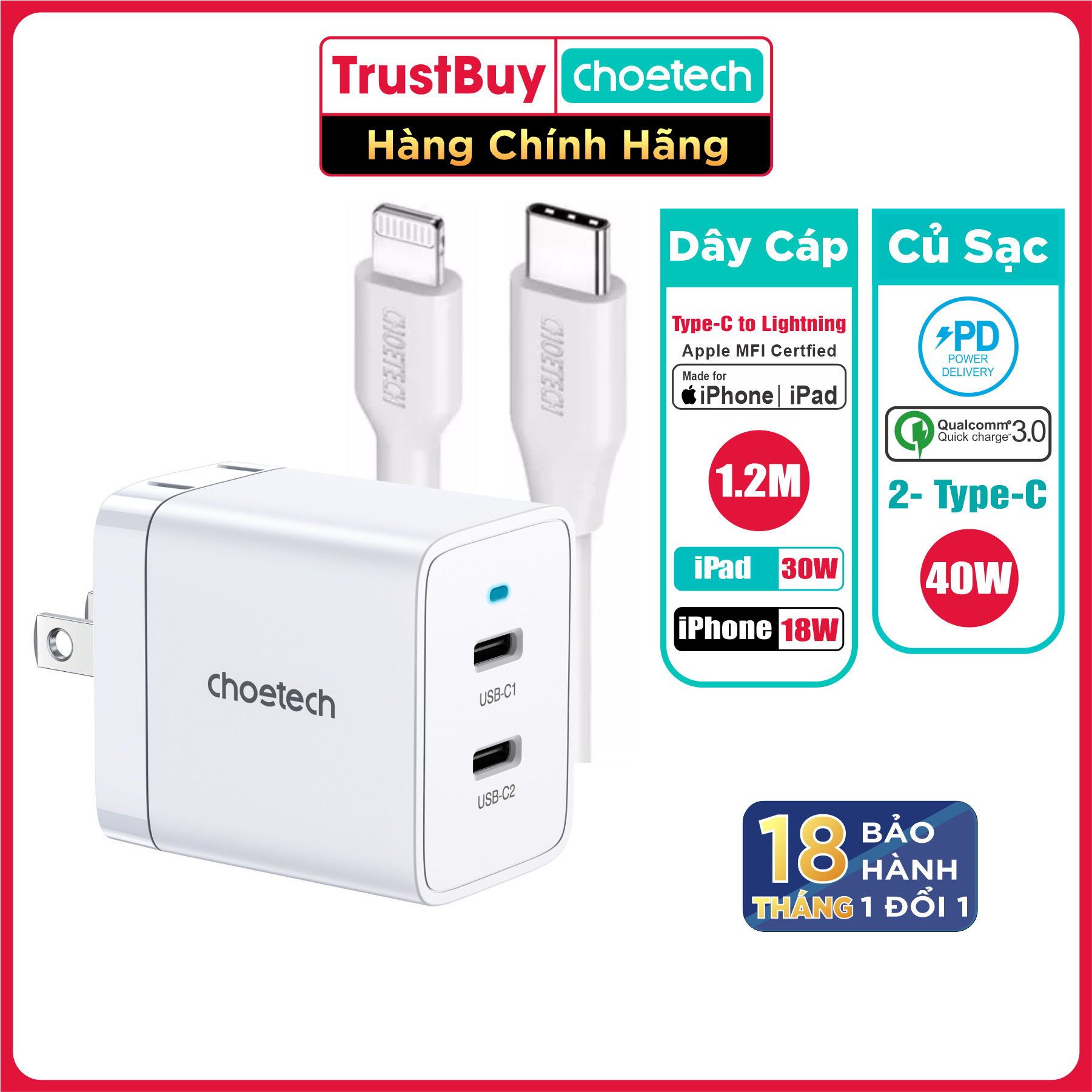 Bộ Củ Sạc Nhanh Cho iPhone iPad CHOETECH Q5006 40W 2 Cổng Type-C 20W Và Dây Cáp Type-C to Lightning CHOETECH IP0040 Chứng Nhận MFI Dài 1.2M - Hàng Chính Hãng