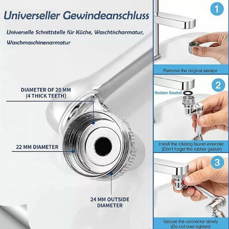 Loại Inox, Đầu Nối Vòi Nước Xoay 1080 Độ, Đầu Vòi Nước Thông Minh Lắp Bồn Rửa Mặt, Bồn Rửa Chén - Hàng Nhập Khẩu