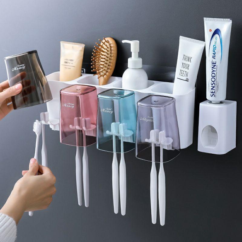 Giá treo bàn chải đánh răng dán tường kèm 4 cốc cao cấp và đồ nặn kem - Kệ để bàn chải nhả kem đánh răng Full bộ 4 ly