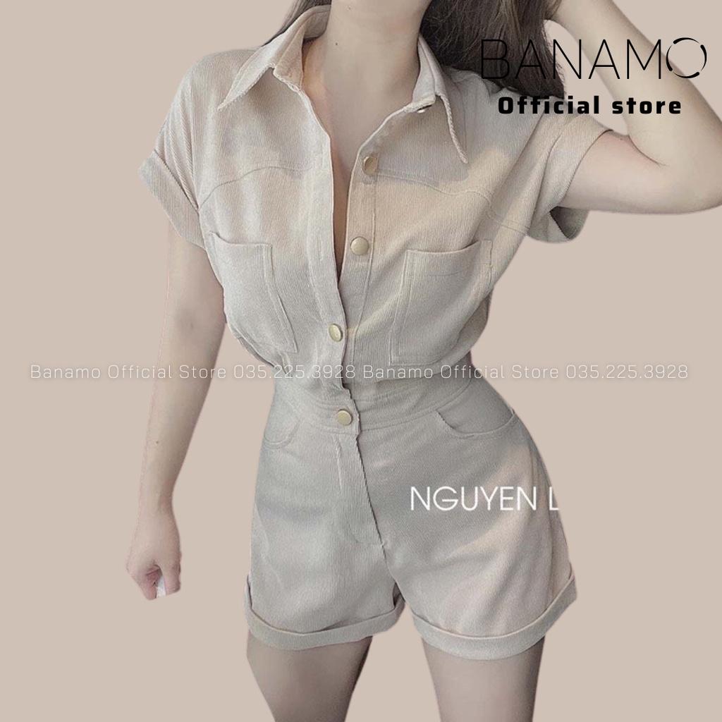 Bộ Jumpsuit cổ sơ mi liền quần gập gấu chất nhung tăm thời trang Banamo Fashion set Jumpsuit 151