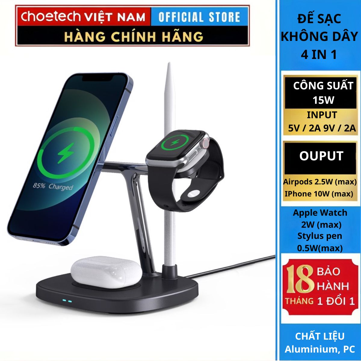 Đế sạc nhanh không dây Magnetic 4 in 1 Choetech T583 (For iP/ cho Airpods/ cho Apple Watch/ cho Stylus Pencil)- Hàng chính hãng