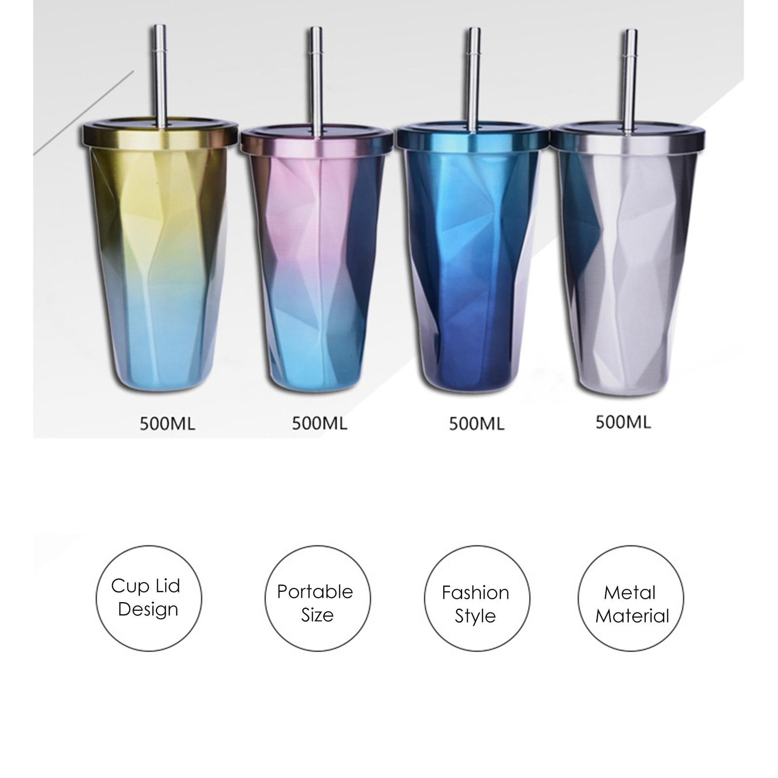 Cốc Nước Thời Trang 500Ml Bằng Thép Không Gỉ Di Động Có Nắp Và Ống Hút