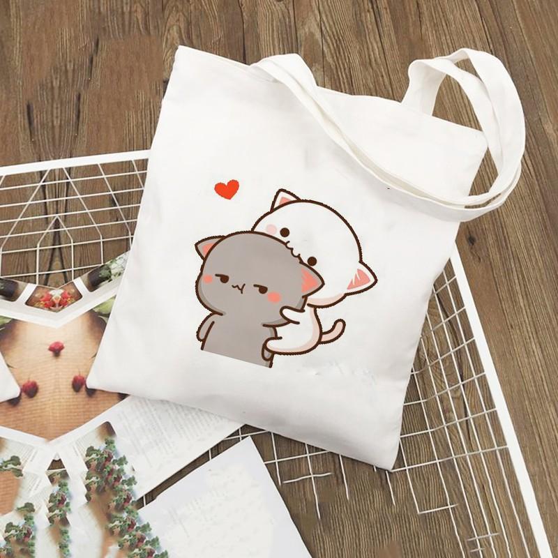 Túi Tote Vải Canvas Hình Cặp Đôi Mèo WICO Dễ Thương