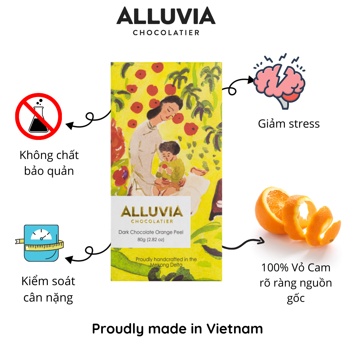 Socola Đen Vỏ Cam Thanh Lớn 80 gram, Nguyên Chất, Đắng Vừa | Dark Chocolate Orange Peel Alluvia