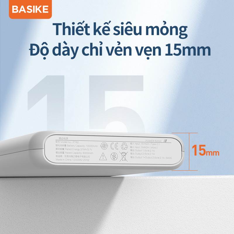 Sạc Dự Phòng 10000mAh BASIKE PT62 có hai đầu ra USB thích hợp cho iPhone và Android - Hàng Nhập Khẩu