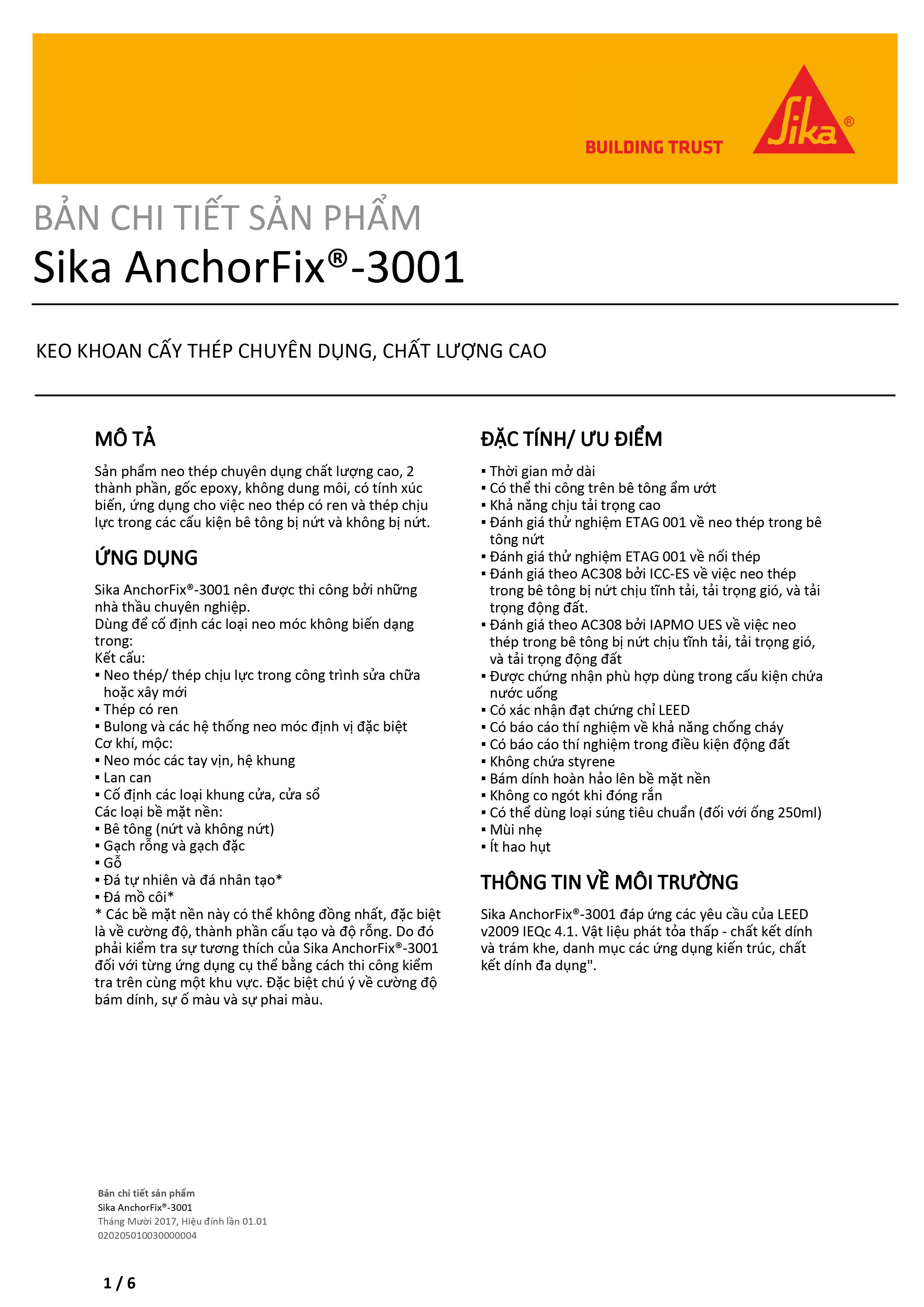 Keo neo thép chịu lực, cấy sắt hai thành phần gốc Epoxy - Sika AnchorFix - 3001 (tuýp 600ml)