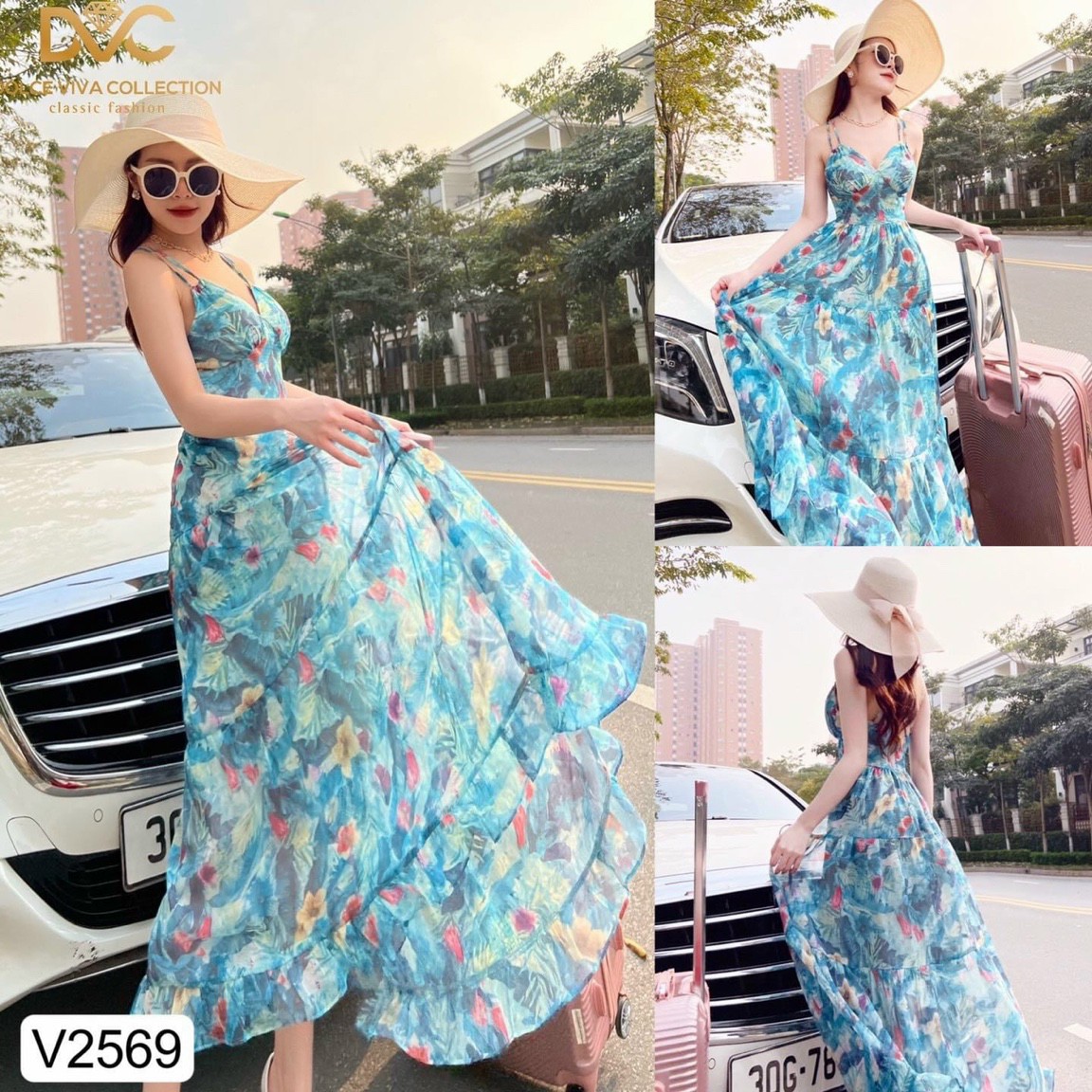 Đầm maxi hai dây có mút ngực đi biển màu xanh