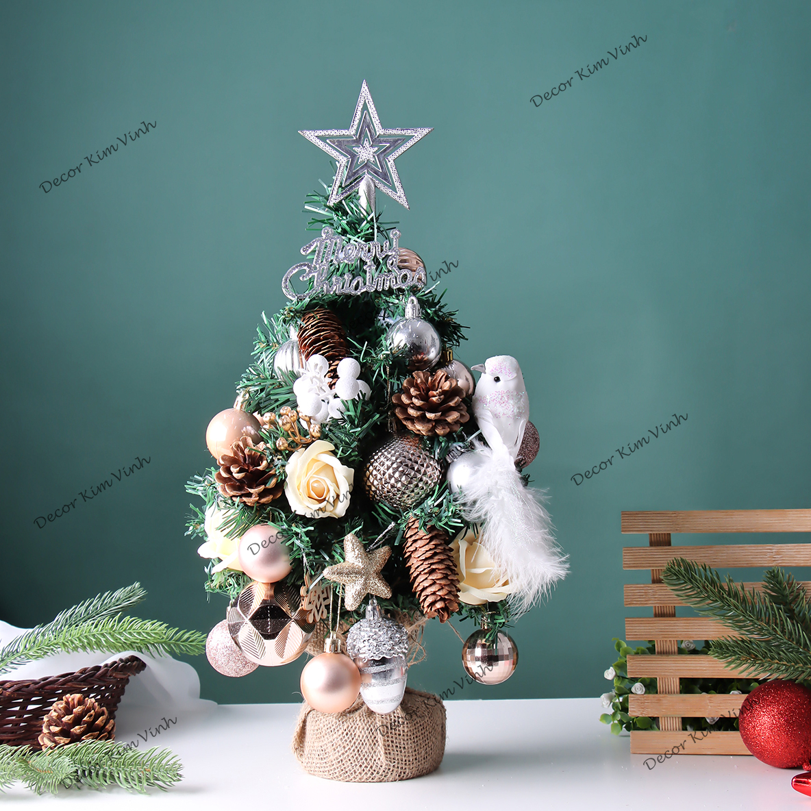 Cây Thông Noel Hàn Quốc THQ16 40cm Cây Thông Hoa Hồng Trang Trí Giáng Sinh