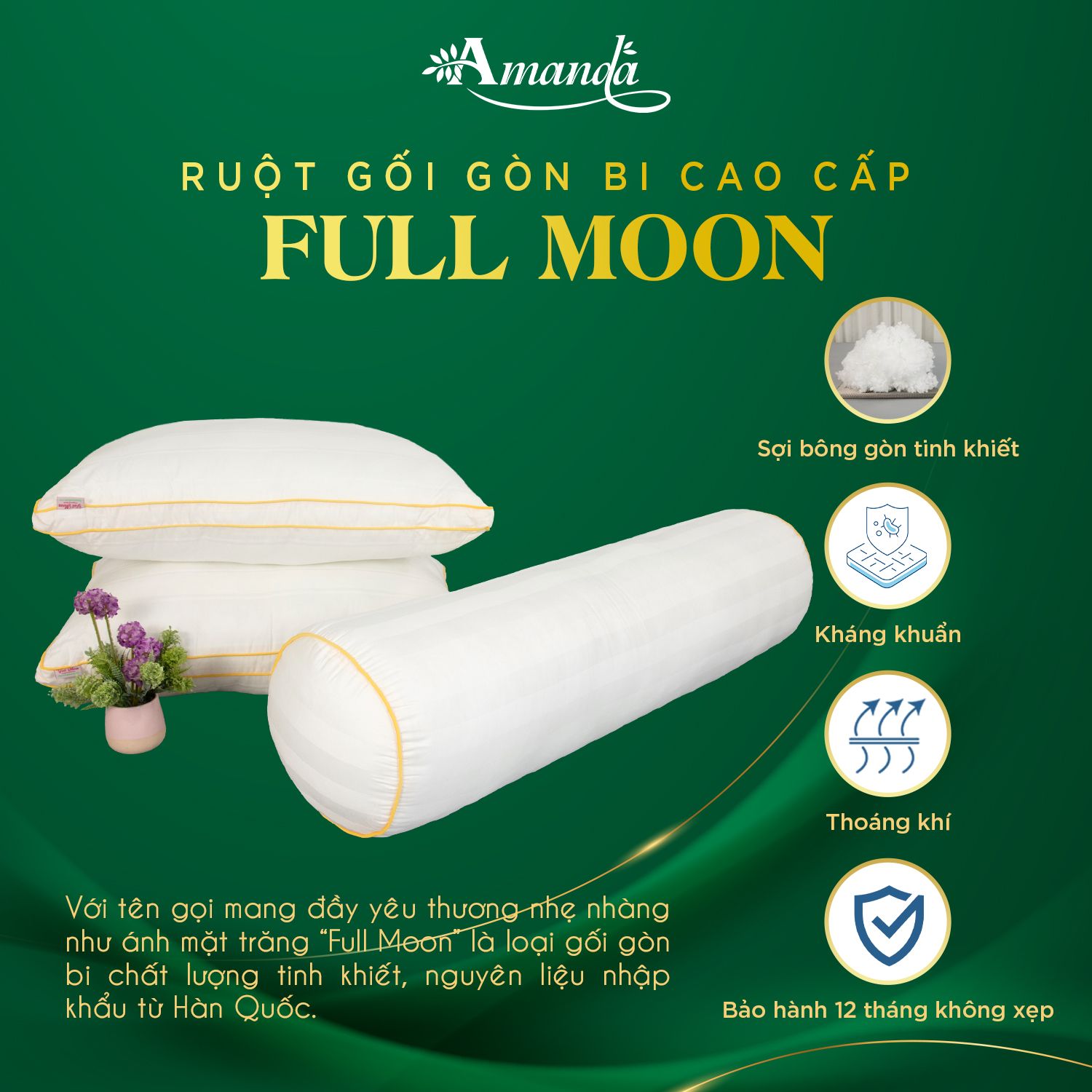 Ruột gối ôm gòn bi cao cấp kháng khuẩn Full Moon