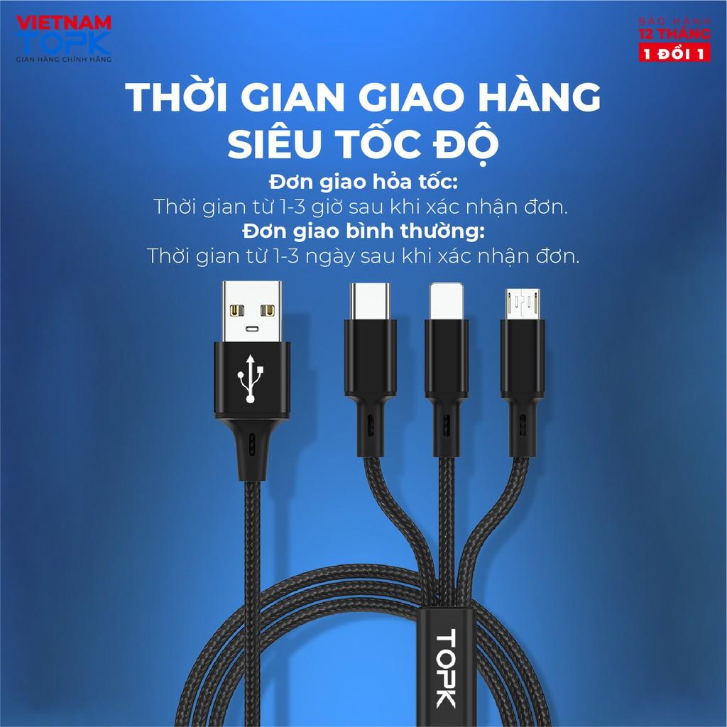 Dây sạc 3 đầu (iPhone, Type-C, Micro) dùng cho điện thoại TOPK AN20 Vỏ bện nylon dài 1.2m - Hàng chính hãng