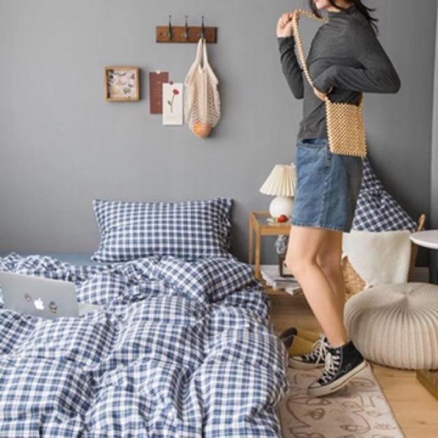 Set Cotton Living Hàng Nhập Khẩu Cao Cấp 4 Món Kẻ Xanh Dây Nơ