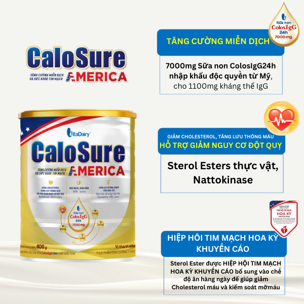 Sữa bột Calosure America 800g hỗ trợ tim mạch, phòng chống đột quỵ , bảo vệ cơ xương khớp vị thanh nhẹ - VitaDairy