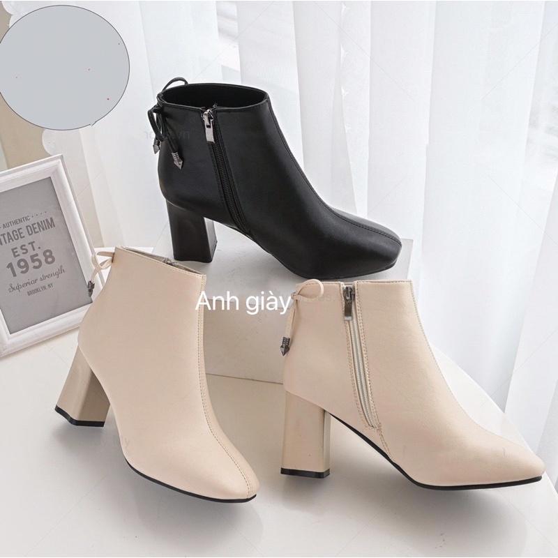 B45 - Bốt mũi vuông da lì khoá cạnh gót trụ 7p nơ nhỏ