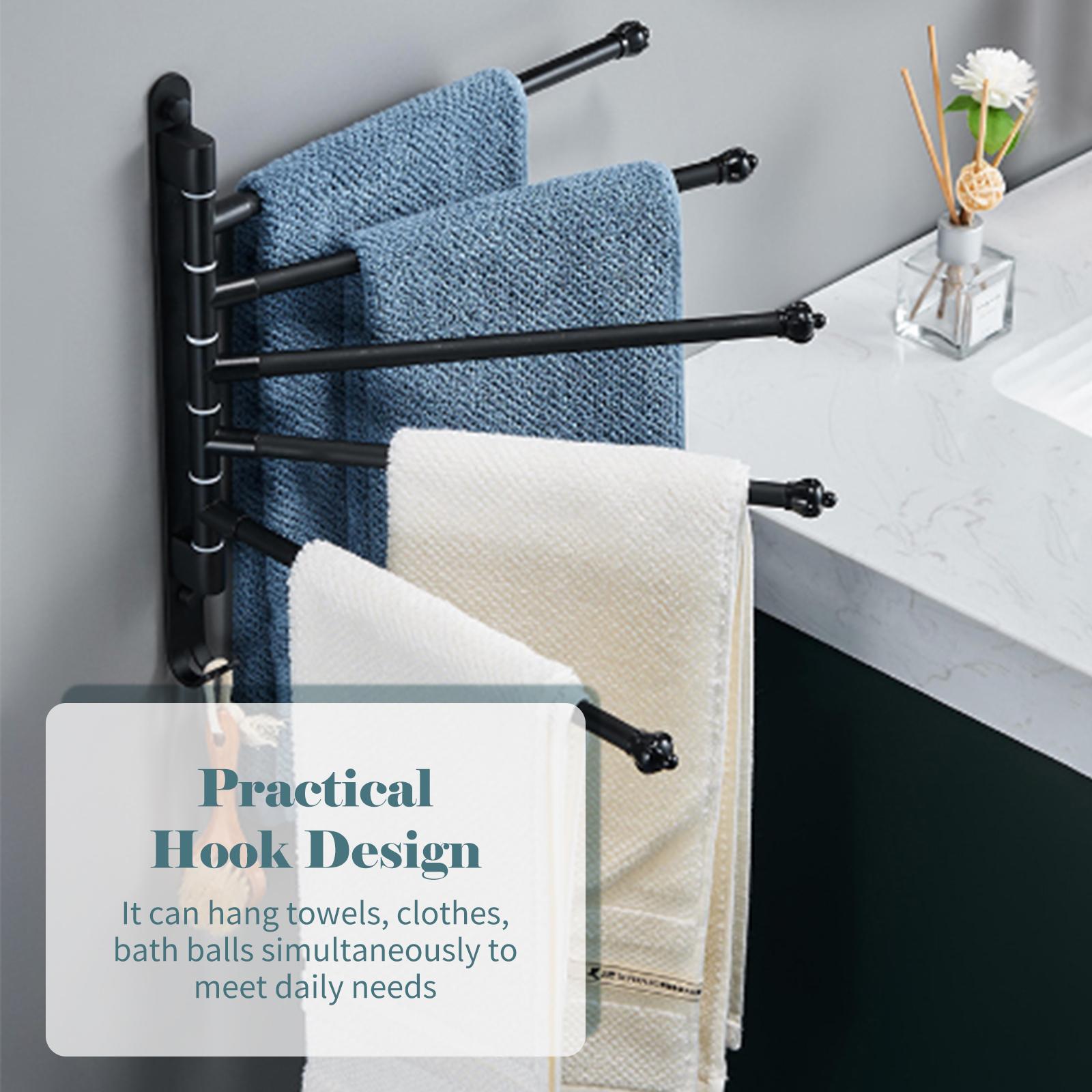 Swivel Out Towel Racks with Hooks Foldable Arms Bath Towel Hanger Wall Mount Towel Bar Aluminum Towel Holder Organizer