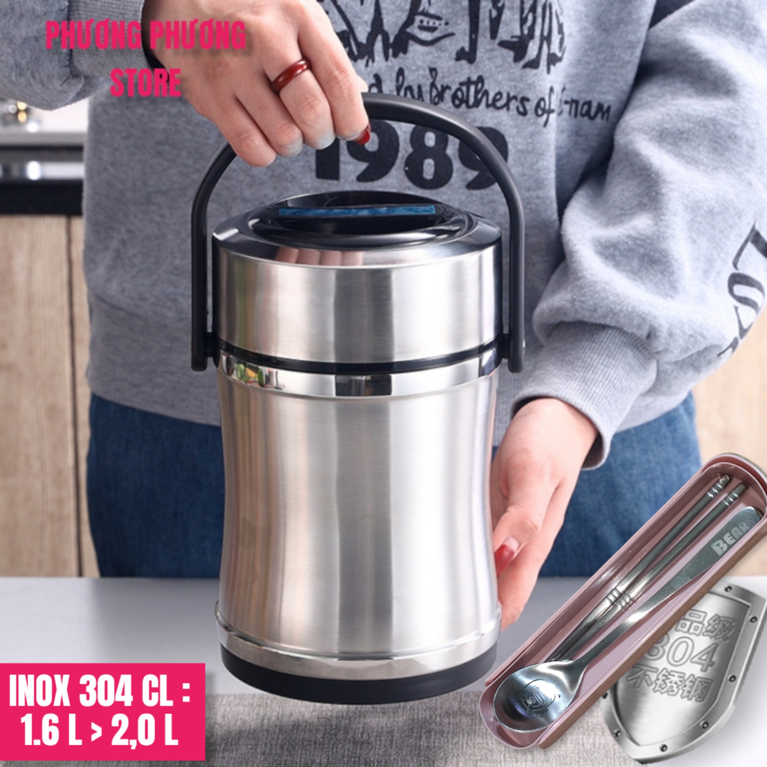 CẶP LỒNG, CAMEN GIỮ NHIỆT CAO CẤP INOX 304 DUNG TÍCH 1,6L / 2.0L HÀNG SIÊU ĐẸP ( Tặng Bộ Hộp Muỗng Đũa Inox Cao Cấp )